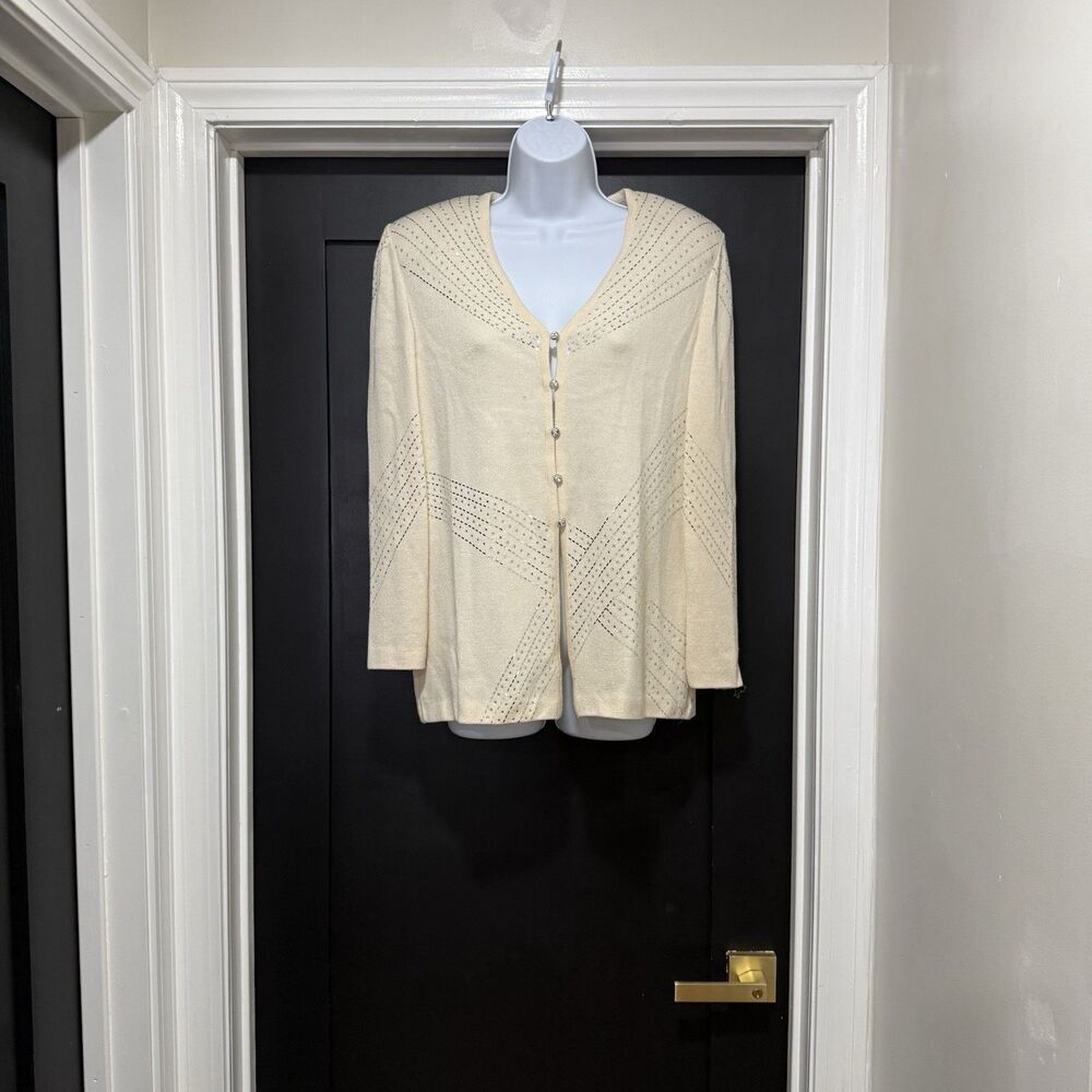 St John Evening Ivory Cream Sparkle Rhinestone Jewel Knit Cardigan Sweater Sz 4